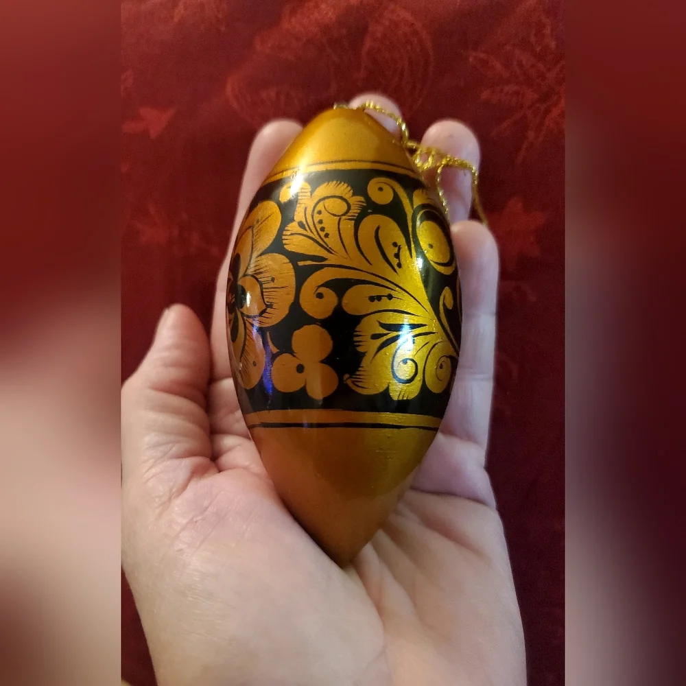 Vntg Russian "Khokhloma" Wooden, Hand Painted Christmas Ornaments, 8 Blk/Gold - Picture 7 of 16